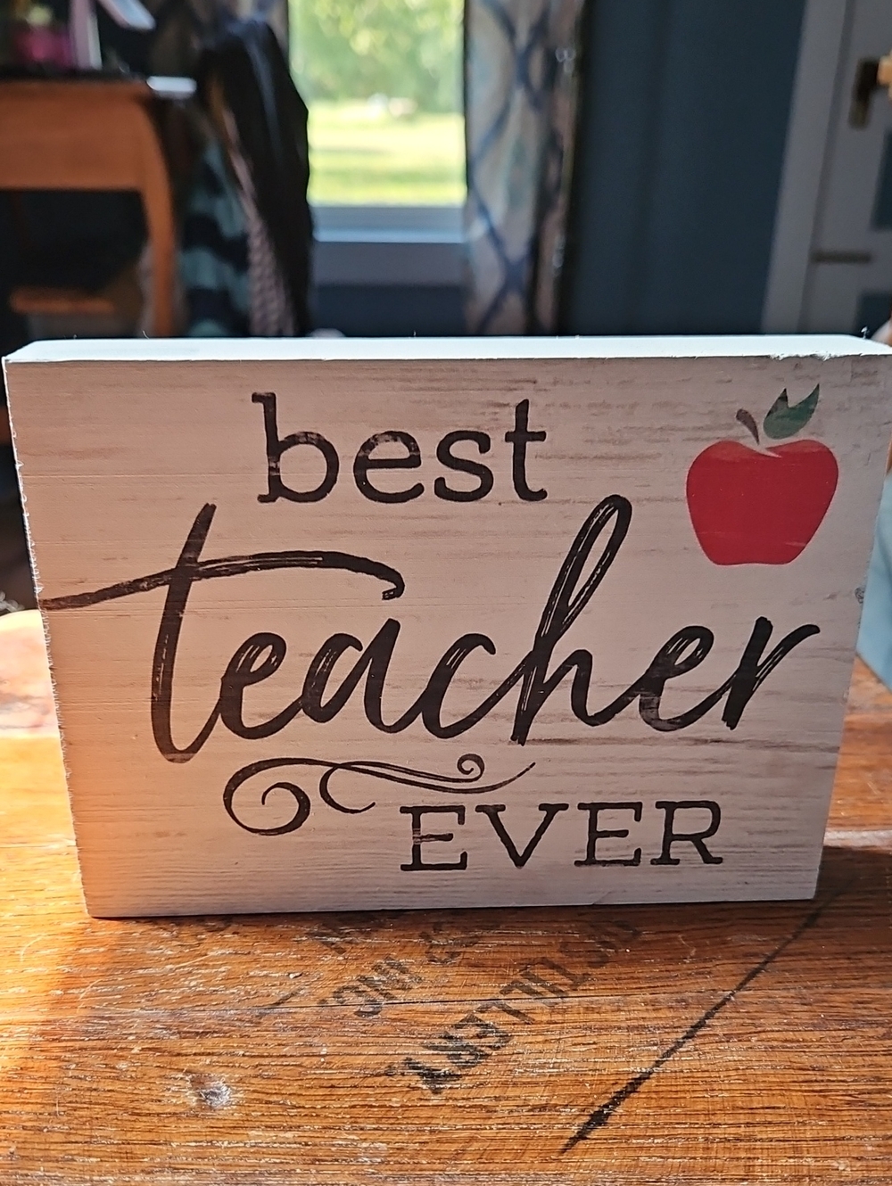 Best Teacher Ever Wooden Block Sign - Red Apple Accent
